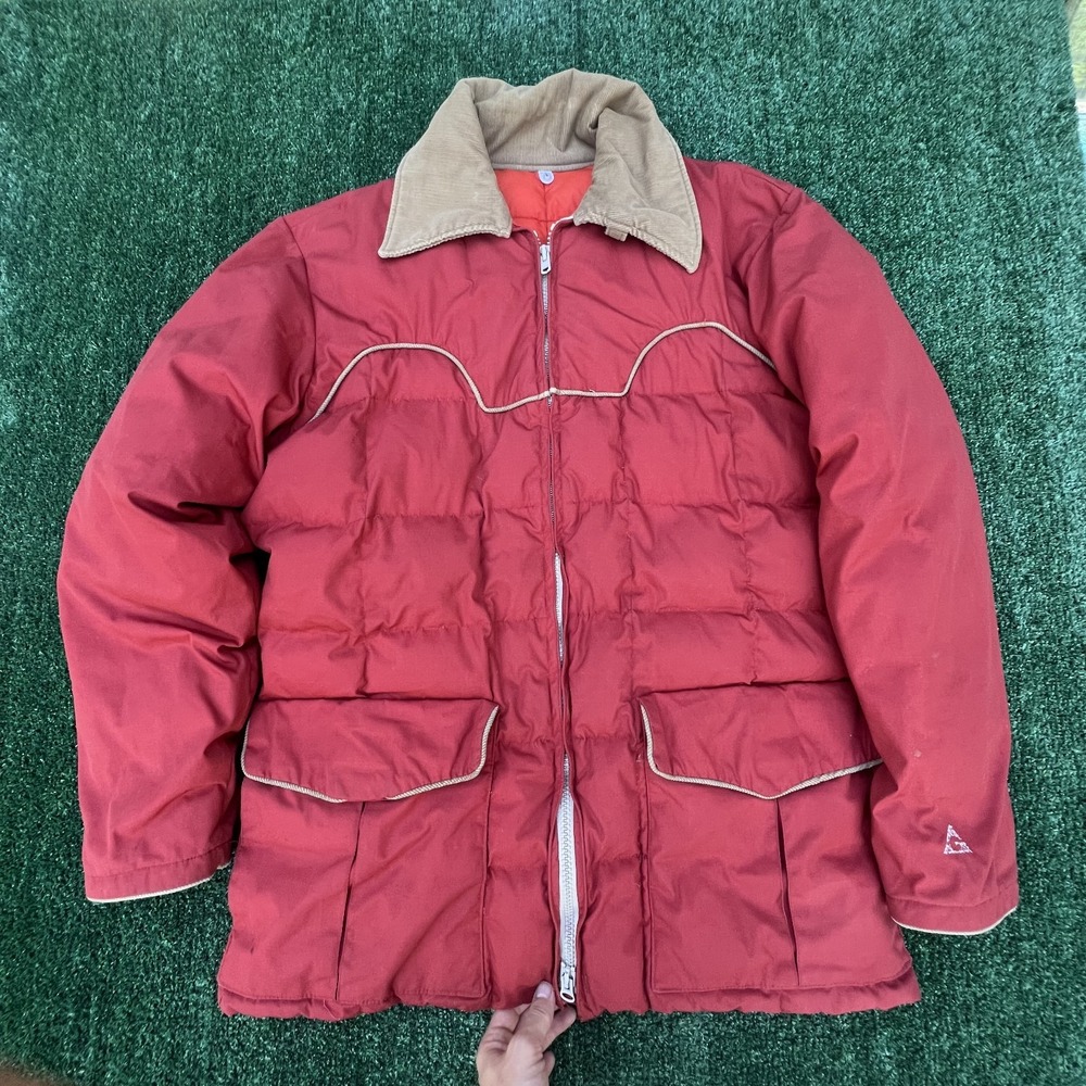 VTG Gerry Puffer Coat Mens XL Red Brown Corduroy Goose Down Rancher Western 70s
